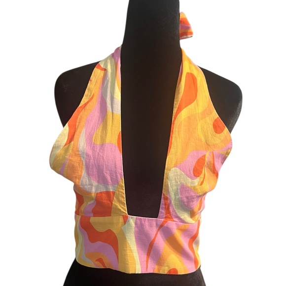 Women's ZARA Orange Pink Halter Crop Top M - Picture 3 of 8